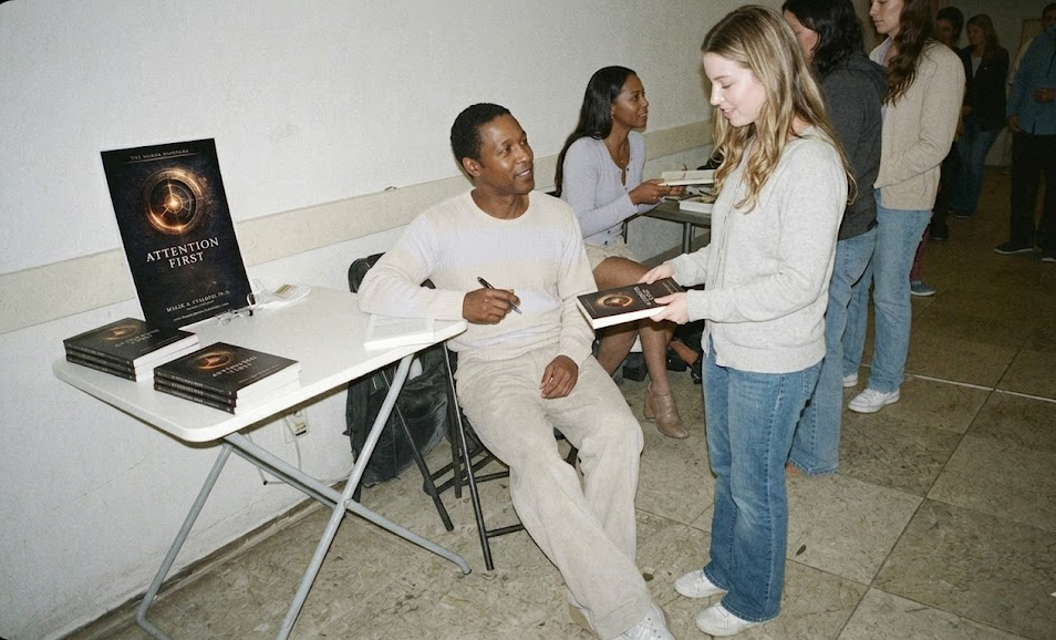 Malik Stalbert signing a book at an event